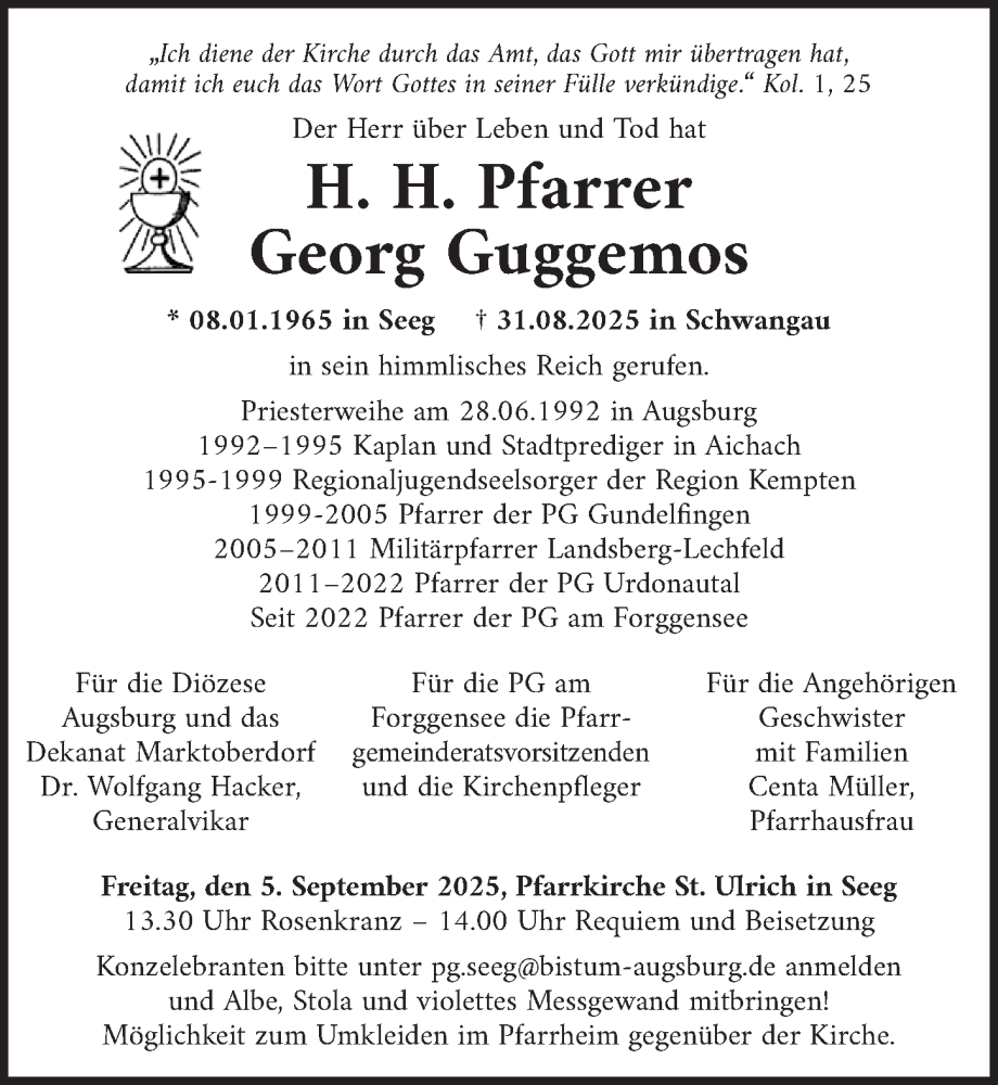  Traueranzeige für Georg Guggemos vom 03.09.2025 aus Dinkelsbühl/ Feuchtwangen