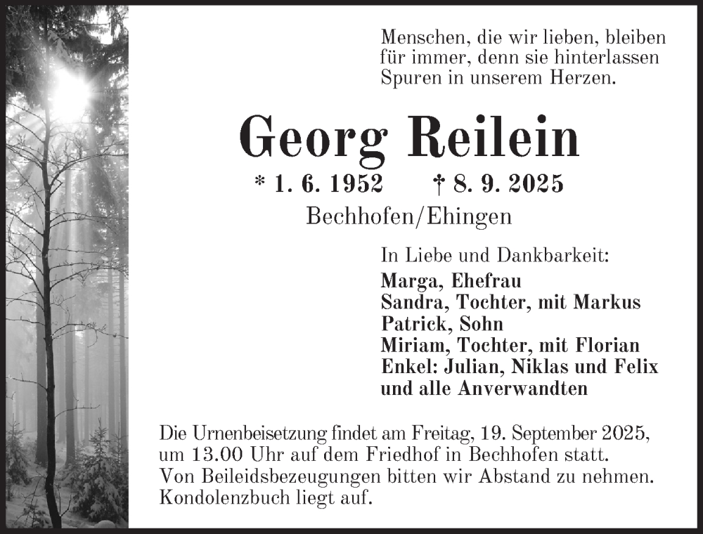  Traueranzeige für Georg Reilein vom 17.09.2025 aus Dinkelsbühl/ Feuchtwangen