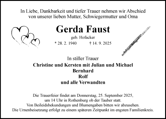 Traueranzeige von Gerda Faust von Rothenburg