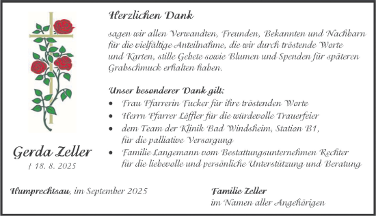 Traueranzeige von Gerda Zeller von Neustadt/ Scheinfeld/ Uffenheim