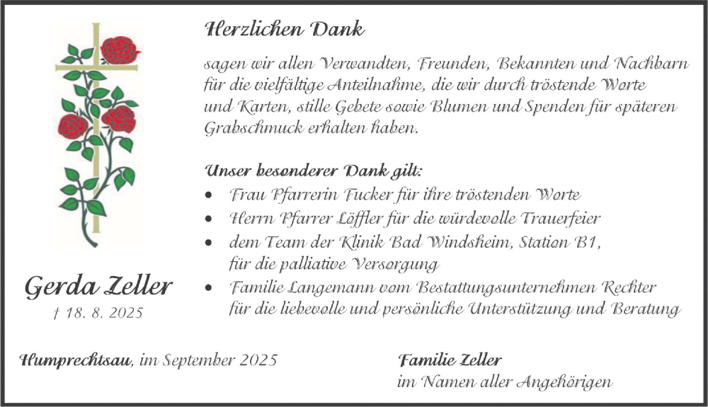  Traueranzeige für Gerda Zeller vom 13.09.2025 aus Neustadt/ Scheinfeld/ Uffenheim