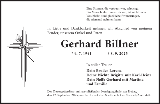 Traueranzeige von Gerhard Billner von Neustadt/ Scheinfeld/ Uffenheim
