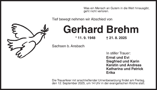 Traueranzeige von Gerhard Brehm von Ansbach