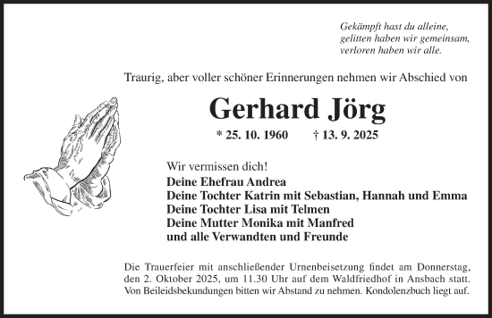 Traueranzeige von Gerhard Jörg von Ansbach