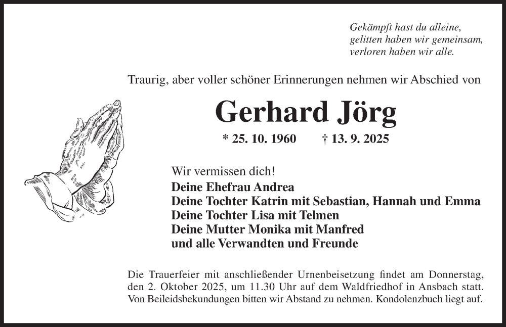  Traueranzeige für Gerhard Jörg vom 22.09.2025 aus Ansbach