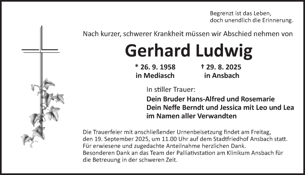  Traueranzeige für Gerhard Ludwig vom 16.09.2025 aus Ansbach