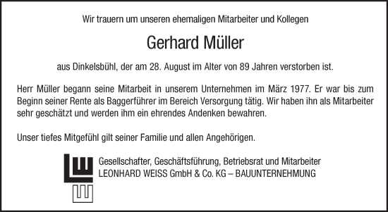 Traueranzeige von Gerhard Müller von Dinkelsbühl/ Feuchtwangen