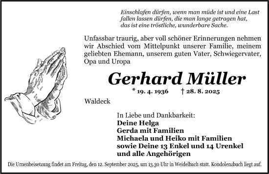 Traueranzeige von Gerhard Müller von Dinkelsbühl/ Feuchtwangen