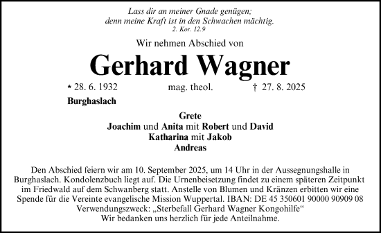 Traueranzeige von Gerhard Wagner von Neustadt/ Scheinfeld/ Uffenheim