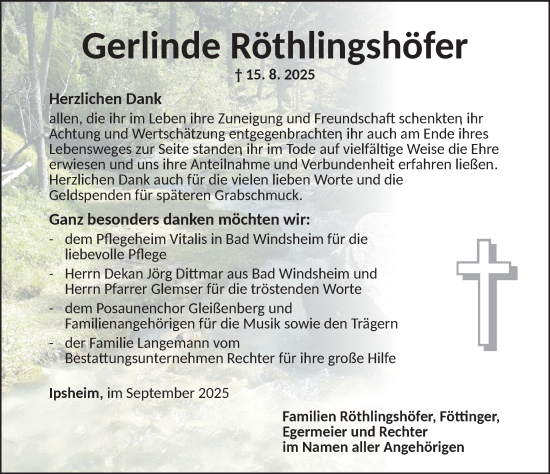 Traueranzeige von Gerlinde Röthlingshöfer von Neustadt/ Scheinfeld/ Uffenheim