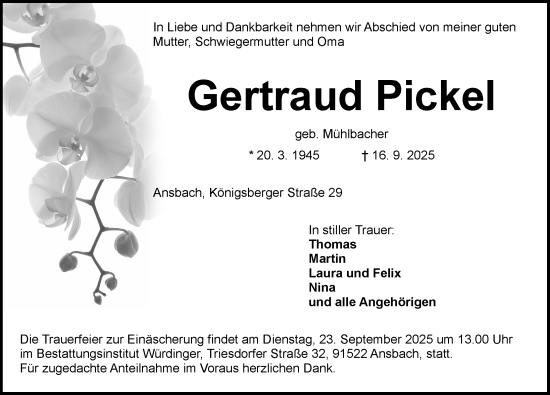 Traueranzeige von Gertraud Pickel von Ansbach
