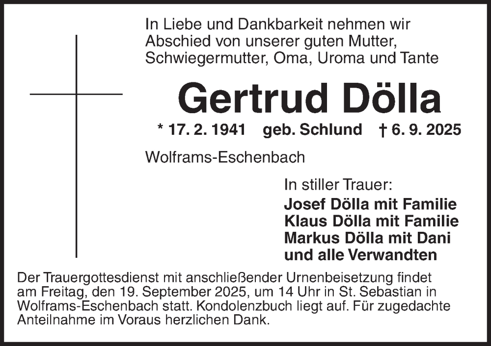  Traueranzeige für Gertrud Dölla vom 16.09.2025 aus Ansbach