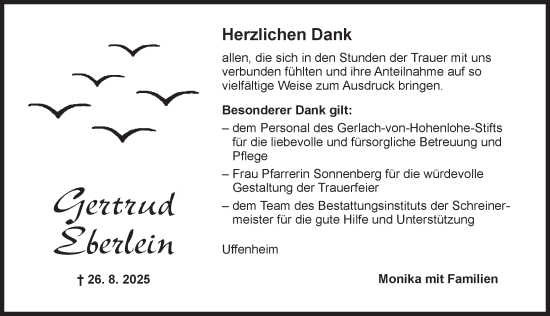 Traueranzeige von Gertrud Eberlein von Neustadt/ Scheinfeld/ Uffenheim