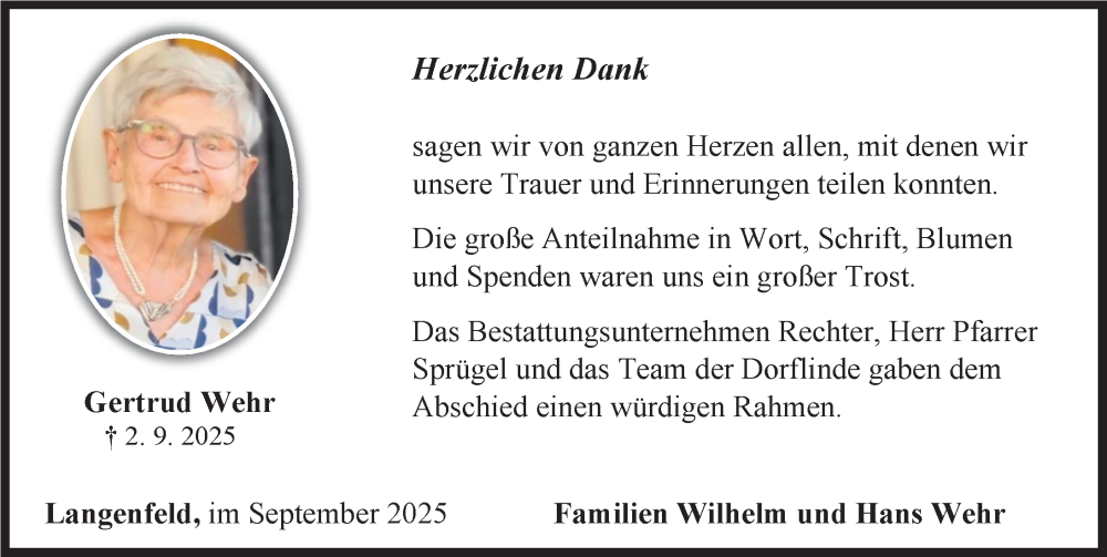  Traueranzeige für Gertrud Wehr vom 20.09.2025 aus Neustadt/ Scheinfeld/ Uffenheim