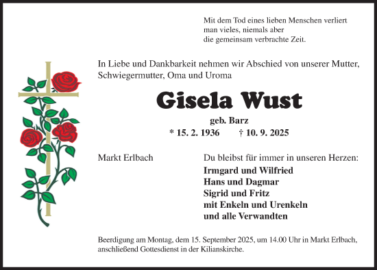 Traueranzeige von Gisela Wust von Neustadt/ Scheinfeld/ Uffenheim