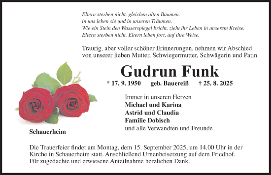 Traueranzeige von Gudrun Funk von Neustadt/ Scheinfeld/ Uffenheim