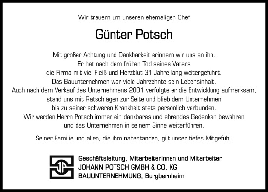 Traueranzeige von Günter Potsch von Neustadt/ Scheinfeld/ Uffenheim