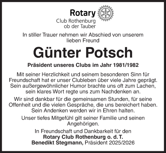 Traueranzeige von Günter Potsch von Neustadt/ Scheinfeld/ Uffenheim