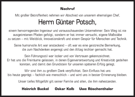 Traueranzeige von Günter Potsch von Neustadt/ Scheinfeld/ Uffenheim