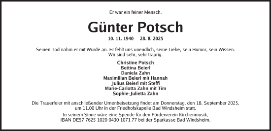 Traueranzeige von Günter Potsch von Neustadt/ Scheinfeld/ Uffenheim