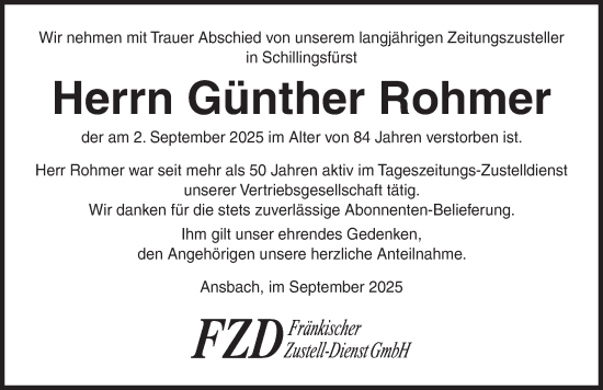 Traueranzeige von Günther Rohmer von Rothenburg