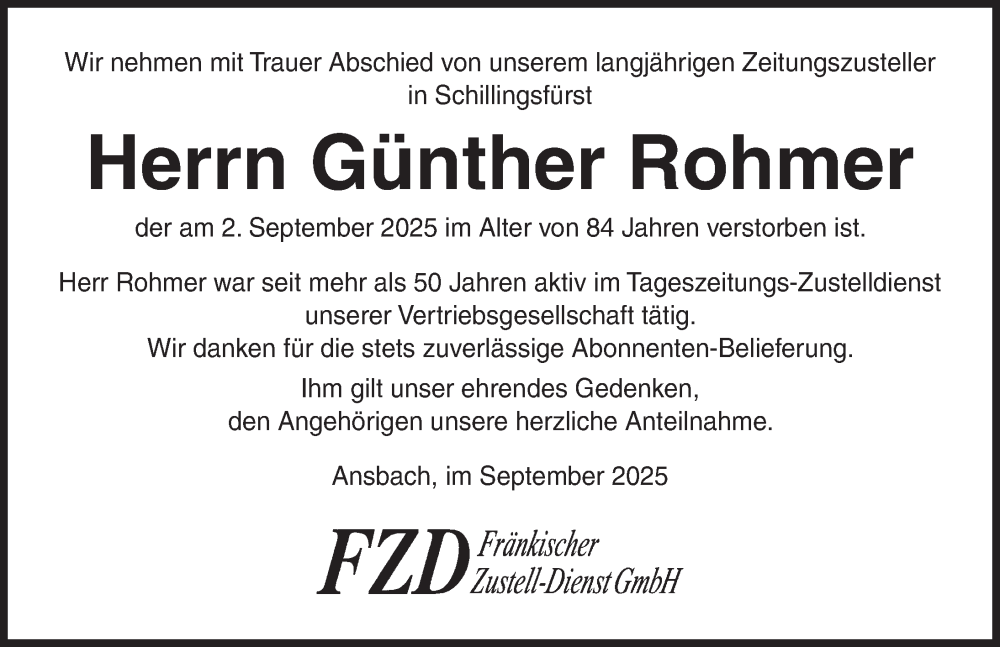  Traueranzeige für Günther Rohmer vom 10.09.2025 aus Rothenburg