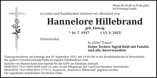 Traueranzeige von Hannelore Hillebrand von Ansbach