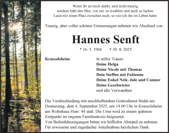 Traueranzeige von Hannes Senft von Neustadt/ Scheinfeld/ Uffenheim