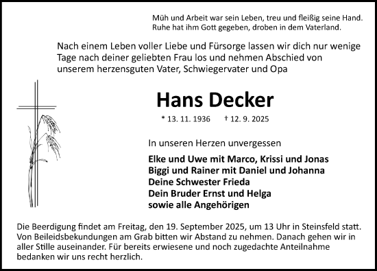 Traueranzeige von Hans Decker von Rothenburg