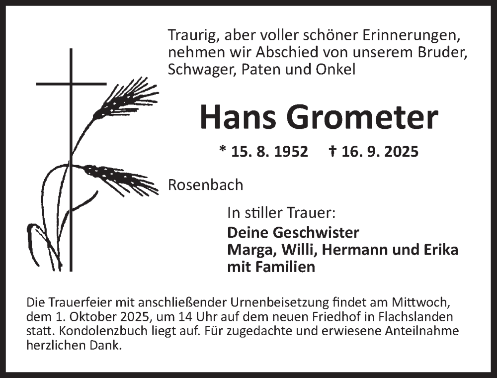 Traueranzeige für Hans Grometer vom 27.09.2025 aus GE