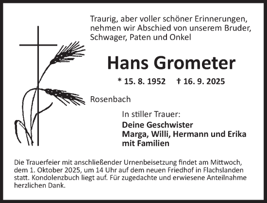 Traueranzeige von Hans Grometer von GE