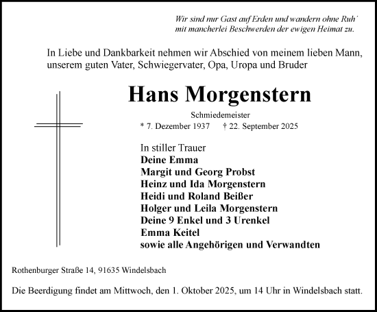 Traueranzeige von Hans Morgenstern von Rothenburg