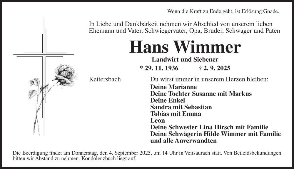  Traueranzeige für Hans Wimmer vom 03.09.2025 aus Ansbach