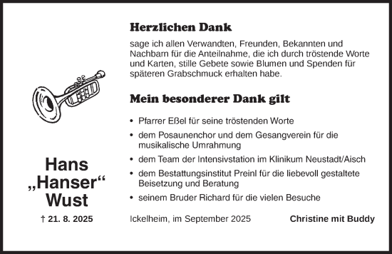 Traueranzeige von Hans Wust von Neustadt/ Scheinfeld/ Uffenheim