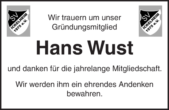 Traueranzeige von Hans Wust von Neustadt/ Scheinfeld/ Uffenheim