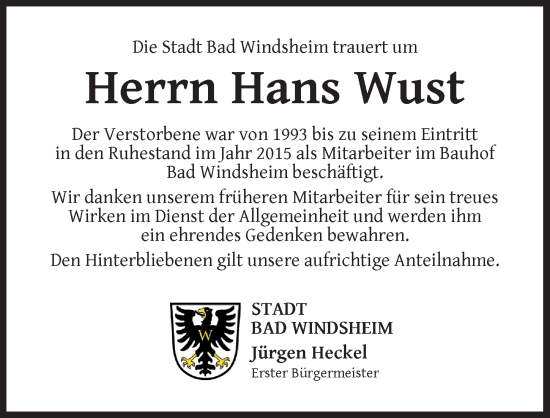 Traueranzeige von Hans Wust von Neustadt/ Scheinfeld/ Uffenheim