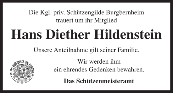 Traueranzeige von Hans Diether Hildenstein von Neustadt/ Scheinfeld/ Uffenheim