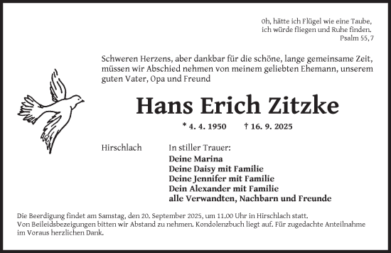 Traueranzeige von Hans Erich Zitzke von Ansbach