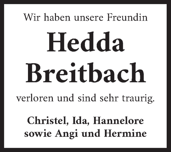Traueranzeige von Hedda Breitbach von Neustadt/ Scheinfeld/ Uffenheim