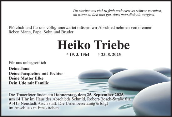 Traueranzeige von Heiko Triebe von Neustadt/ Scheinfeld/ Uffenheim