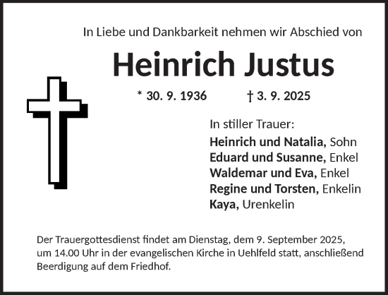 Traueranzeige von Heinrich Justus von Neustadt/ Scheinfeld/ Uffenheim
