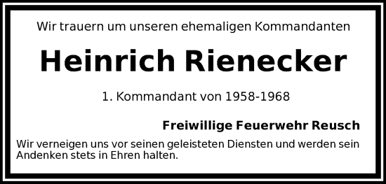 Traueranzeige von Heinrich Rienecker von Neustadt/ Scheinfeld/ Uffenheim