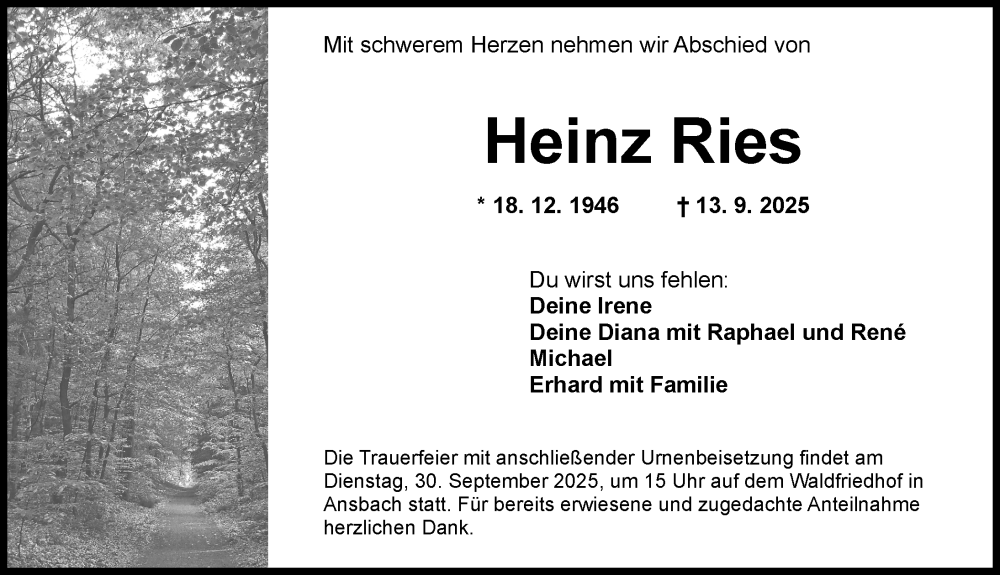  Traueranzeige für Heinz Ries vom 27.09.2025 aus Ansbach