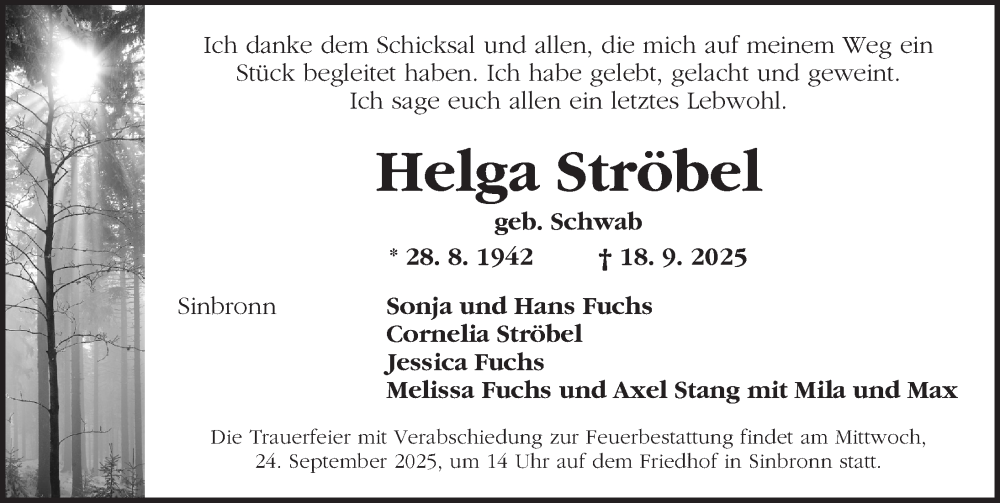  Traueranzeige für Helga Ströbel vom 20.09.2025 aus Dinkelsbühl/ Feuchtwangen