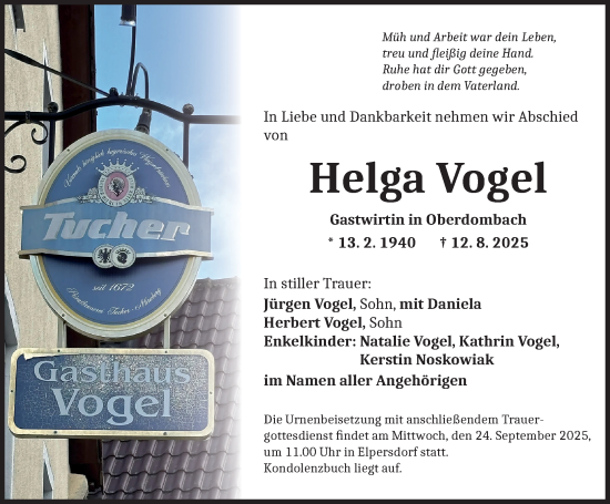 Traueranzeige von Helga Vogel von Ansbach