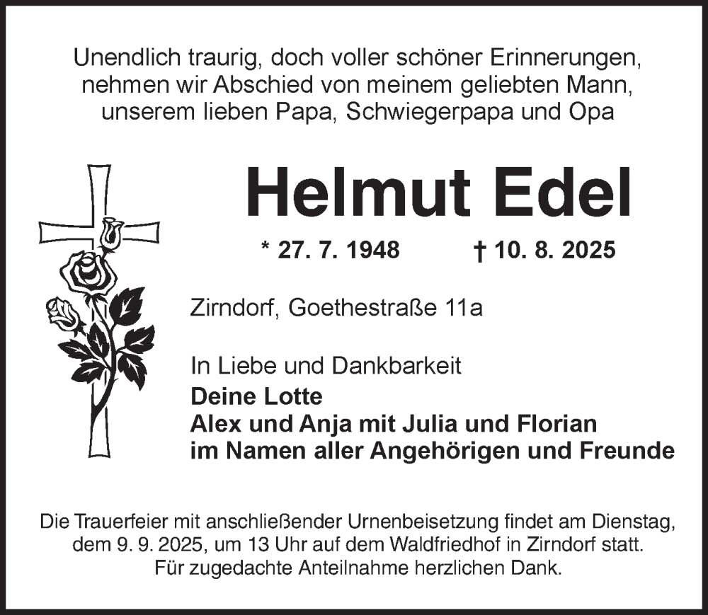  Traueranzeige für Helmut Edel vom 06.09.2025 aus Neustadt/ Scheinfeld/ Uffenheim