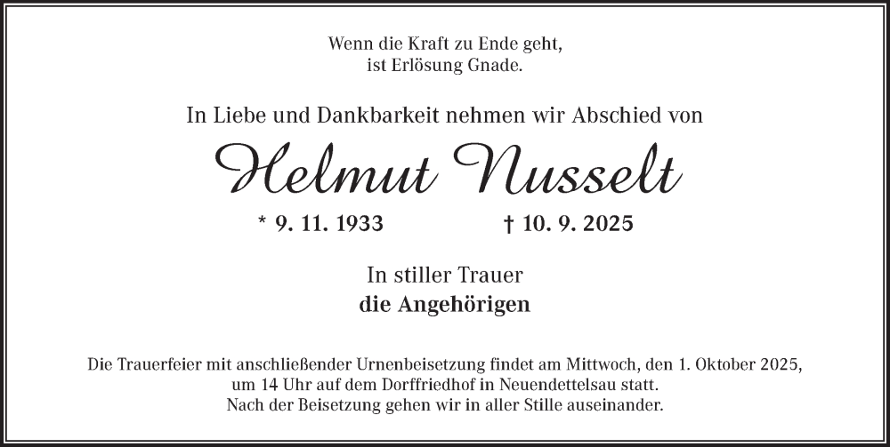 Traueranzeige für Helmut Nusselt vom 27.09.2025 aus Ansbach