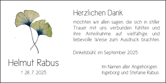 Traueranzeige von Helmut Rabus von Dinkelsbühl/ Feuchtwangen