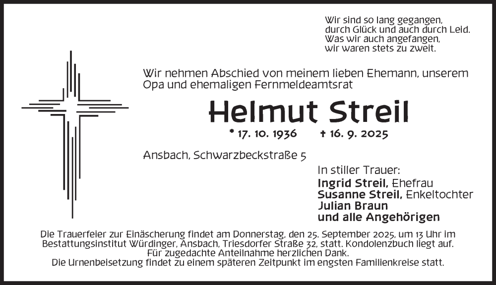  Traueranzeige für Helmut Streil vom 20.09.2025 aus Ansbach