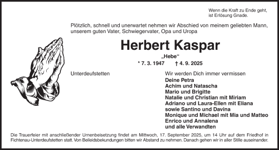 Traueranzeige von Herbert Kaspar von Dinkelsbühl/ Feuchtwangen